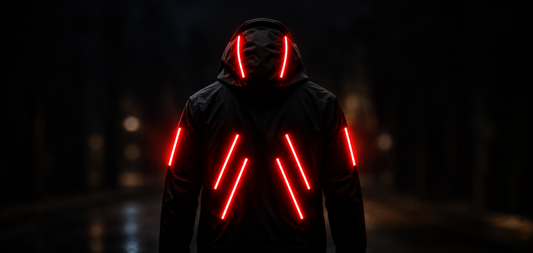 Person wearing the illuminated Lumen Jacket clearly visible after dark
